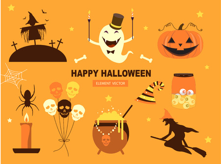 Set of characters  for Halloween in cartoon style,elements,cute,ghost,pumpkin,witch, Vector illustration.のイラスト素材