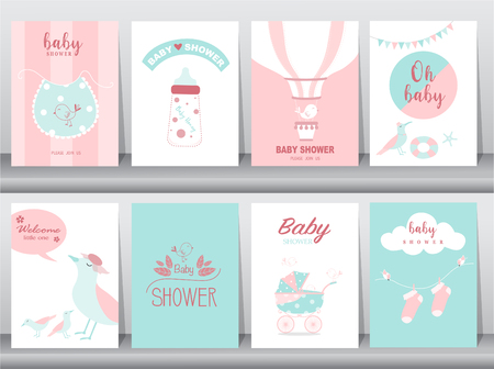 Set of baby shower invitations cards,poster,greeting,template,animal,cute,bird,baby apron,Vector illustrationsのイラスト素材