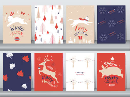 Set of cute Merry christmas  background with cute animal and christmas Tree,Lovely cartoon background with holiday symbols,Vector illustrationsのイラスト素材