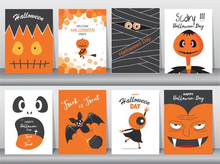 Set of Halloween Posters invitation cards,poster,template,greeting cards,cute,animal,Vector illustrationsのイラスト素材