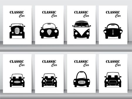 Set of silhouette classic car front view icon vector illustrations,vintage,oldのイラスト素材