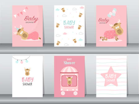 Set of baby shower invitation cards,poster,template,greeting,cute,bear,animal,Vector illustrationsのイラスト素材