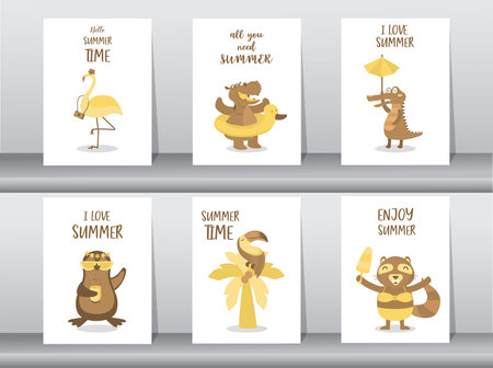 Set of summer beach Animals hand drawn style,cards,poster,template,greeting,cute,animal,Vector illustrationsのイラスト素材