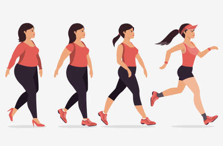 Stages of woman on the way to lose weight,Vector illustrations.のイラスト素材