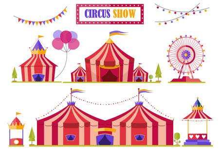 Set of circus tent marquee with stripes and flags isolated,Ferris Wheel,Vector illustrations.のイラスト素材