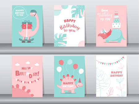 Set of cute  birthday cards,poster,template,greeting cards,animals,dinosaurs,Vector illustrations.のイラスト素材