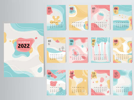 Calendar 2022 Vector Design Template with abstract pattern,Set of 12 Months,vector illustrations.のイラスト素材