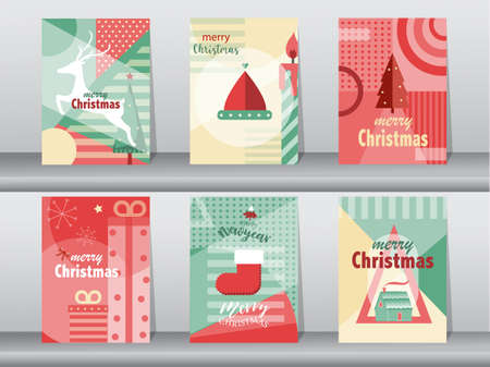Set of cute Merry christmas and happy new year on retro pattern designs ,holiday,cute,Vector...