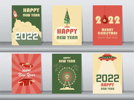 Set of Happy new year with handwritten cute space designs and decorative elements,animal,Vector illustrations.のイラスト素材
