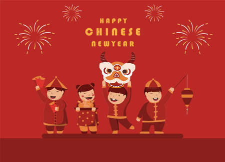 Cute kids characters for chinese new year on red background,greeting card,card,Vector illustrations.のイラスト素材