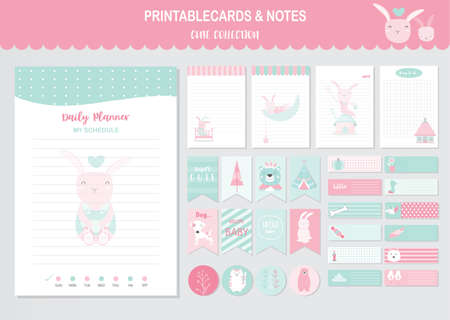 Set of animals and cute vector cards,rabbit,baby shower,printable,  tags,cards,templates,Notes, Stickers, Labels,Scrap booking, Congratulations, Invitations,Vector illustrationsのイラスト素材