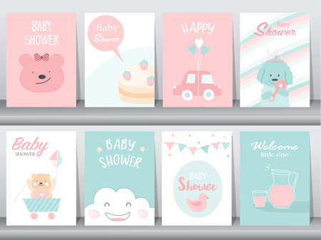 Set of baby shower invitation cards,happy birthday,poster,template,greeting,cute,animal,Vector illustrations.のイラスト素材