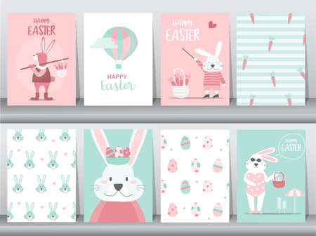 Set of Easter greeting cards,template,rabbits,cute,eggs,Vector illustrations.のイラスト素材