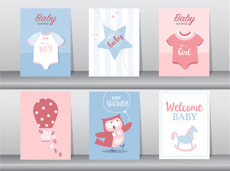 Set of baby shower invitation cards,happy birthday,poster,template,greeting,cute,animal,Vector illustrations.のイラスト素材