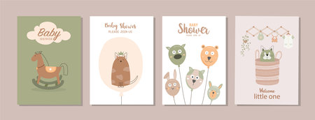 Set of happy birthday, holiday, baby shower celebration greeting and invitation card.Cute animals design.Vector illustrations.のイラスト素材
