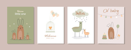 Set of happy birthday, holiday, baby shower celebration greeting and invitation card.Cute animals design.Vector illustrations.のイラスト素材
