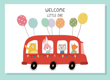 Cute animal with school bus.Happy birthday, holiday, baby shower celebration greeting and invitation card.Vector illustrations.のイラスト素材
