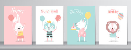 Set of happy birthday, holiday, baby shower celebration greeting and invitation card.Cute animals with balloon design.Vector illustrations.のイラスト素材