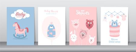 Set of happy birthday, holiday, baby shower celebration greeting and invitation card.Cute animals design.Vector illustrations.のイラスト素材