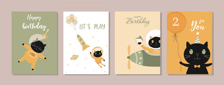 Set of happy birthday, holiday, baby shower celebration greeting and invitation card.Cute animals design .cat.Vector illustrations.のイラスト素材