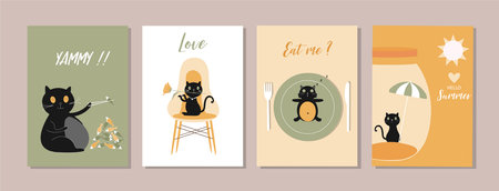 Set of cute animals design .cat,poster,template,cards,cats,food,sweets, cartoons,Vector illustrations.のイラスト素材