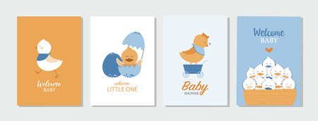 Set of baby shower invitations cards with babies boy and girl,cute design,poster,template,chick,Vector illustrations.のイラスト素材