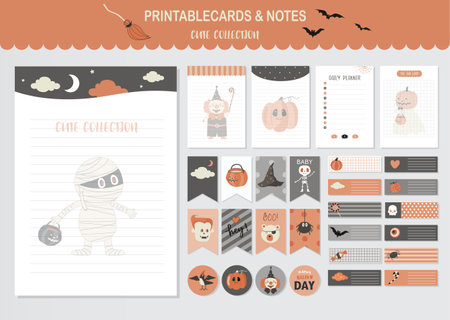 Set of animals and cute vector card.Design for halloween day,baby shower,printable,  tags,cards,templates,Notes, Stickers, Labels,Scrap booking, Congratulations, Invitations,Vectorのイラスト素材