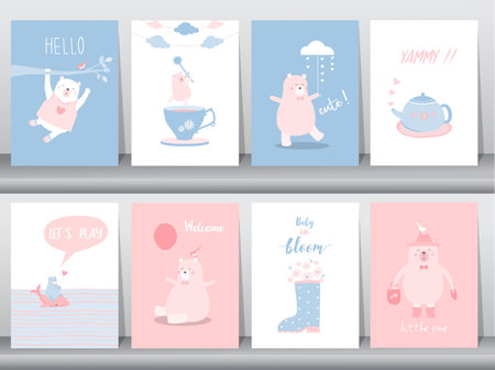 Set of baby shower invitation cards,birthday,poster,template,
greeting cards,cute,bear,animals poster,template,Vector illustrations.のイラスト素材