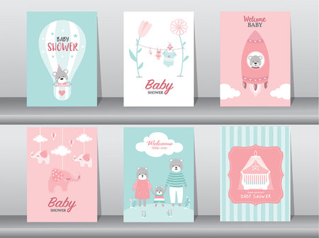A set of vector illustrations for baby shower invitations, including cards, posters, greetings, templates, and bear designs.のイラスト素材