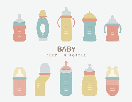A set of vector illustrations of feeding bottles for babies, including milk bottles and baby milk.のイラスト素材