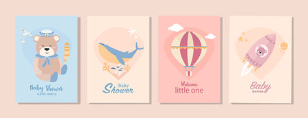 A set of vector illustrations for baby shower invitations, including cards, posters, greetings and templates.のイラスト素材