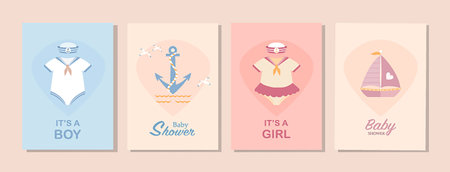 A set of vector illustrations for baby shower invitations, including cards, posters, greetings and templates.のイラスト素材
