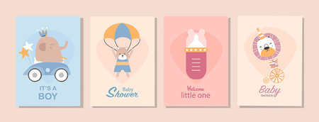 A set of vector illustrations for baby shower invitations, including cards, posters, greetings and templates.のイラスト素材