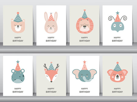 A set of vector illustrations for children's birthday greeting cards, featuring cute animal designs, posters, templates, and greeting cards.のイラスト素材