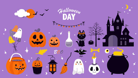 A set of vector illustrations for Happy Halloween greeting cards, featuring characters in cartoon costumes and cute pumpkins.のイラスト素材
