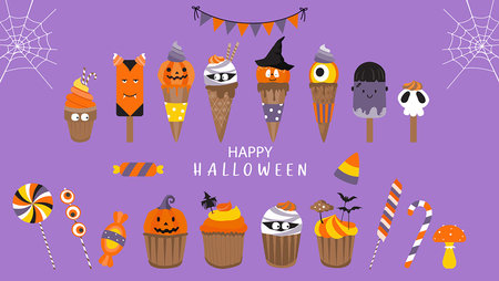 Halloween ice cream with popping candy, along with a set of spooky symbol icons for Halloween party decorationâsweet Halloween vector illustrations.のイラスト素材