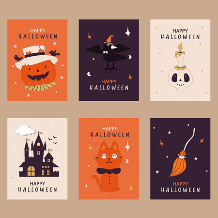 A set of Happy Halloween greeting cards featuring characters in cartoon costumes and cute pumpkins, designed as vector illustrations.のイラスト素材