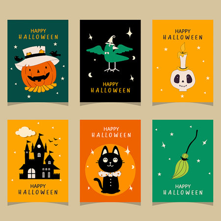A set of Happy Halloween greeting cards featuring characters in cartoon costumes and cute pumpkins, presented as vector illustrations.のイラスト素材