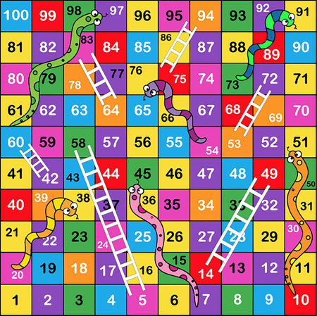 Vector illustrations of a ladder snakes game featuring a funny frame for children.のイラスト素材