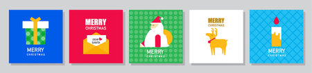 A set of vector illustrations for Merry Christmas and Happy New Year, including greeting cards, posters, and holiday covers with cute Xmas designs and season's greetings.のイラスト素材