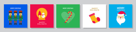 A set of vector illustrations for Merry Christmas and Happy New Year, including greeting cards, posters, and holiday covers with cute Xmas designs and season's greetings.のイラスト素材