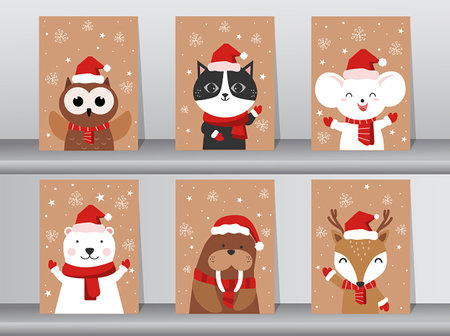 Set of cute Merry christmas  background with cute animal,Lovely cartoon background with holiday symbols,Vector illustrations.のイラスト素材