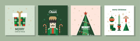 Merry Christmas and Happy New Year Set of greeting card, poster, holiday cover. Cute Xmas design,season greetings,Vector illustrations.のイラスト素材