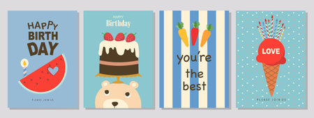 Set of children's birthday greeting cards .Cute animals design.poster,template,greeting cards,bear,Vector illustrations.のイラスト素材