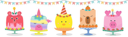 Set of Birthday cake cartoon elements clipart .Colorful cute animal cake collection for party, wedding, anniversary and holiday celebration yummy dessert, vector illustration.のイラスト素材
