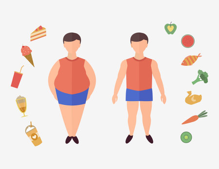 Before and after diet and fitness,Weight loss concept,Fat and thin man,Healthy lifestyle,Vector illustration.のイラスト素材