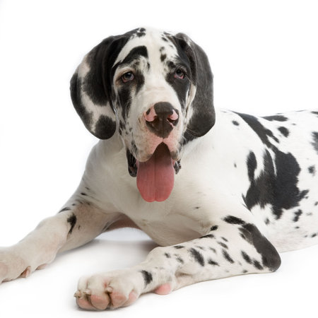 young Great Dane HARLEQUIN lying in front of white background
の写真素材