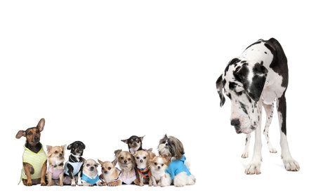 Large dog looking at small puppies in front of white background, studio shotの写真素材