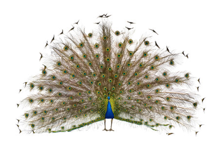 Front view of Male Indian Peafowl displaying tail feathers in front of white backgroundの写真素材