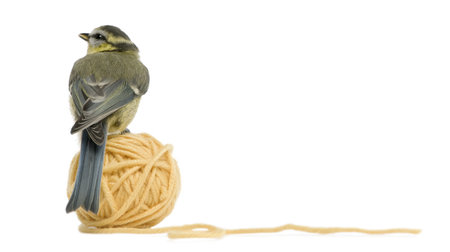 Young Blue Tit, Cyanistes caeruleus standing on ball of wool yarn in front of white backgroundの写真素材